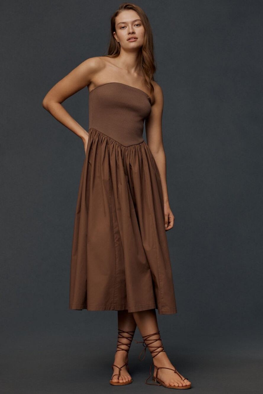Anthropologie Basque Waist A-Line Midi Dress Strapless Cotton Poplin Neutral XS
